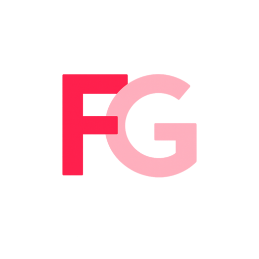 Minimalistisch favicon-logo met de initialen FG in rood en lichtroze op een transparante achtergrond.
